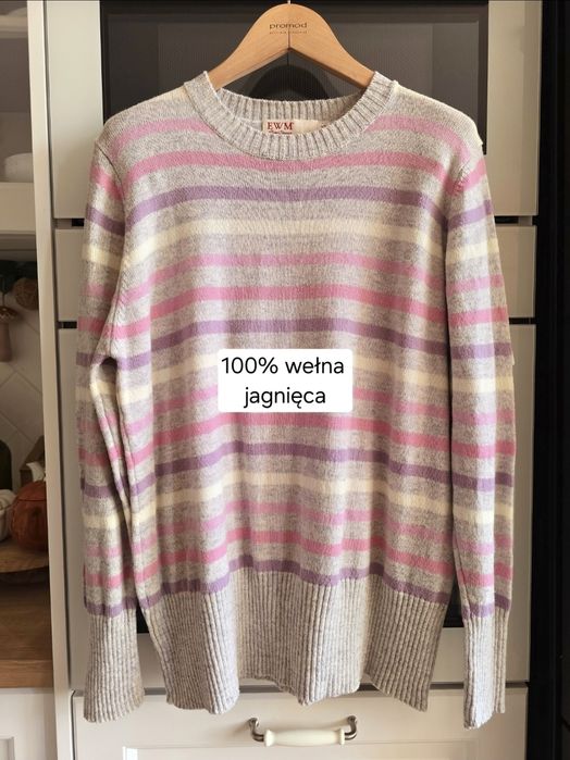 Sweter damski wełniany 42-44 wełna jagnięca w paski pastelowy ciepły