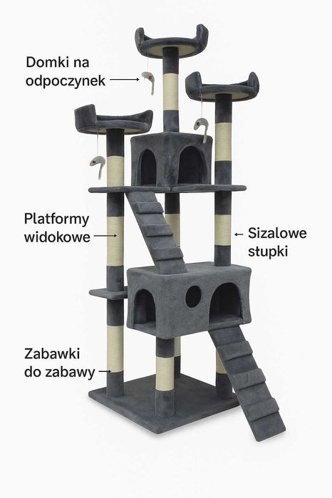 Drapak dla kota z legowiskiem 170 cm domki platformy zabawki szary