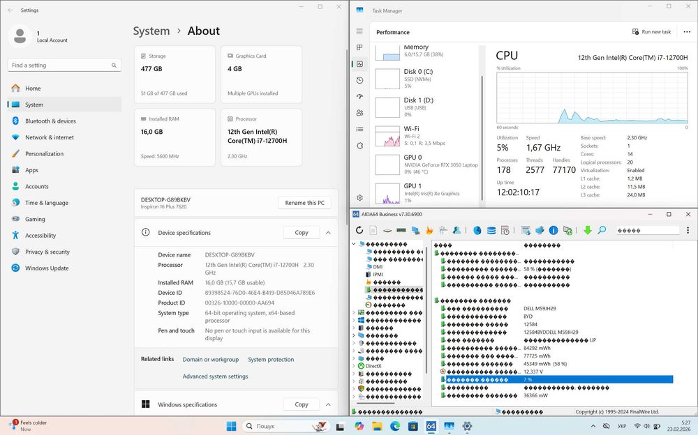 Ноутбук Dell Inspiron 16 Plus 7620 i7-12700H, RTX3050, 16/512GB