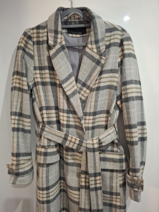 Świetny płaszcz jesienno zimowy w kratę szary L