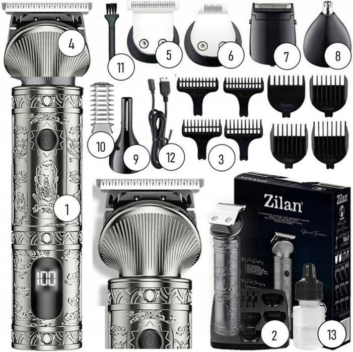 Maszynka Trymer ZILAN 16w1 Broda Włosy Ciało LCD USB Etui