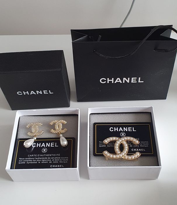 Kolczyki broszka komplet  zestaw chanel Cc perła perły  nowy