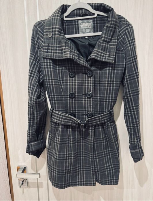 Płaszcz płaszczyk w kratkę szary elegancki M/L