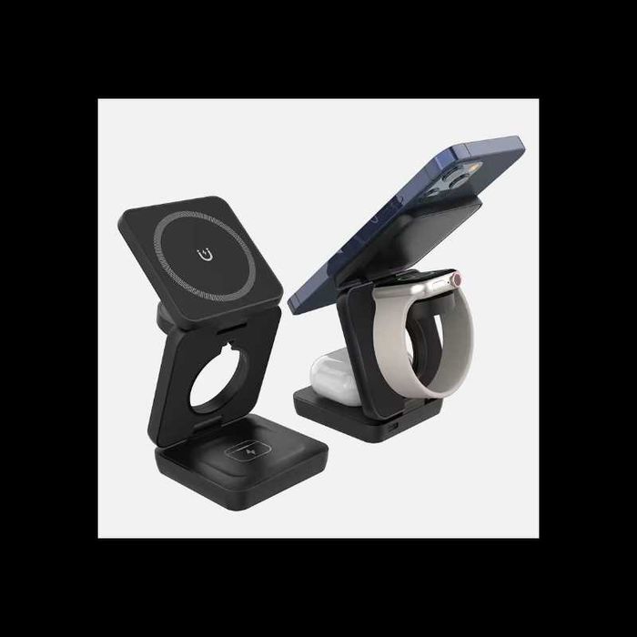 Carregador sem fios magnético dobrável 3 em 1 de 15 W - Preto