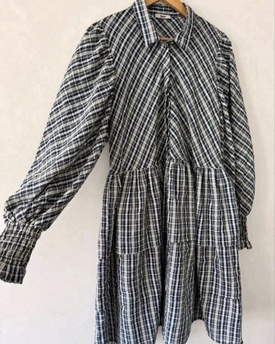 BZR Bruuns Bazaar sukienka w kratkę tartan / black watch kaskadowa bawełna babydoll 42 XL