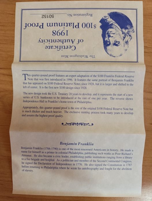СРІБНА пластина вкрита Платиною! 100$ США ФРАНКЛІН!1998р. ПРУФ. СРІБЛО