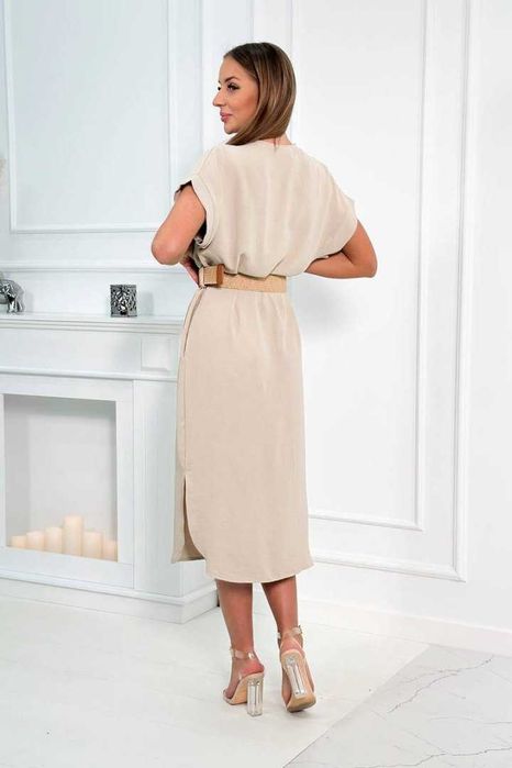 Beżowa Sukienka Midi z Paskiem Elegancka Made in Italy S-L