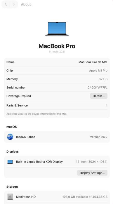 Macbook Pro M1 PRO 14'' (32 GB RAM) 512GB 2021