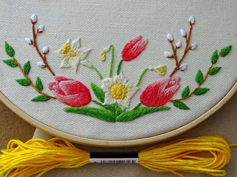 Urodziny Ślub Rocznica Podziękowanie. Haft ręczny tulipany żonkile