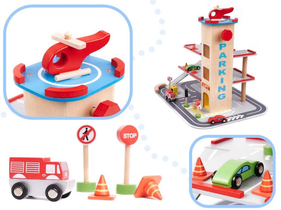 Zabawka drewniana garaż piętrowy parking miejski