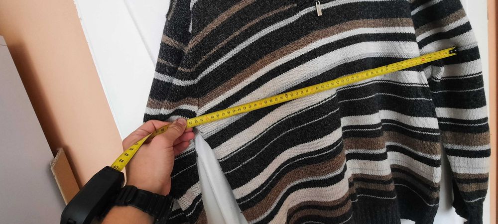 Sweter golf rozpinany Kaner paski szaro-brązowo-beżowe XXL wełna