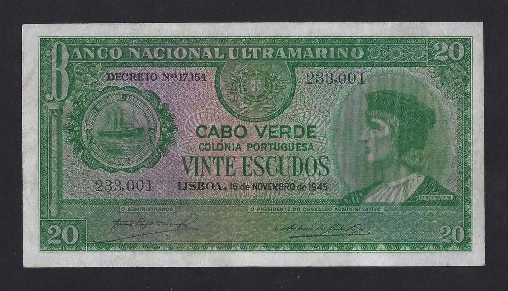 nota de cabo verde 20 Escudos 1945 P-43 XF