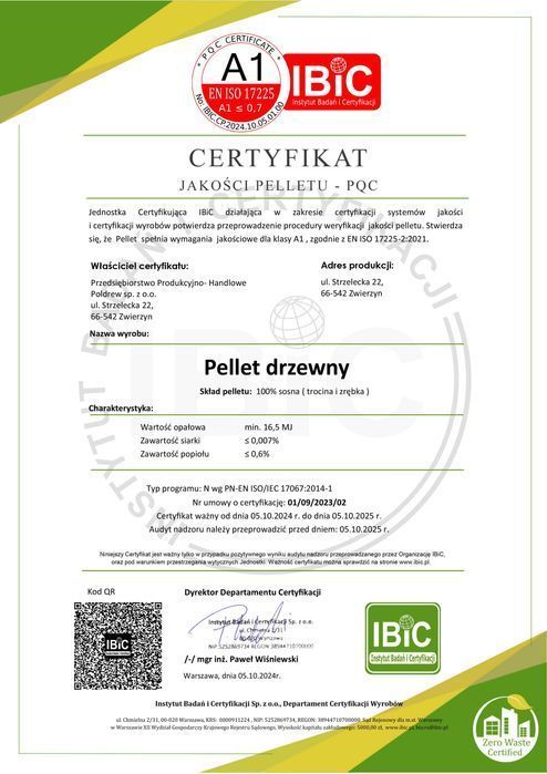 Pellet drzewny wysokokaloryczny Certyfikat A1 990kg