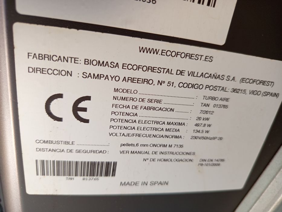 Salamandra pellets Ecoforest turbo aire 20 kw