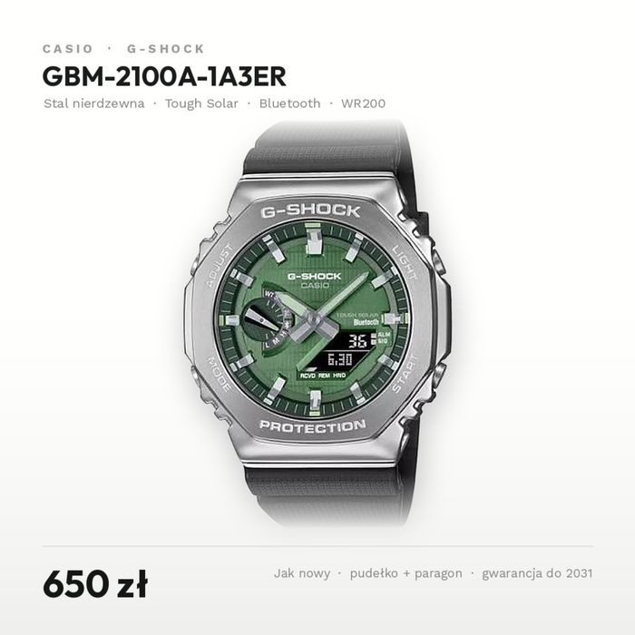 Casio G-Shock GBM-2100A-1A3ER stal, zielona tarcza, solar, Bluetooth
