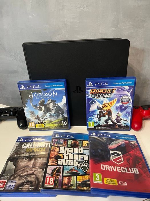Ps 4 slim 500gb, 2 оригинальных геймпада, и 5 игр