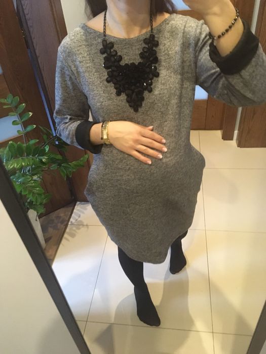 Szara sukienka S/M/L ciepla ciążowa z kieszeniami piękna wygodna