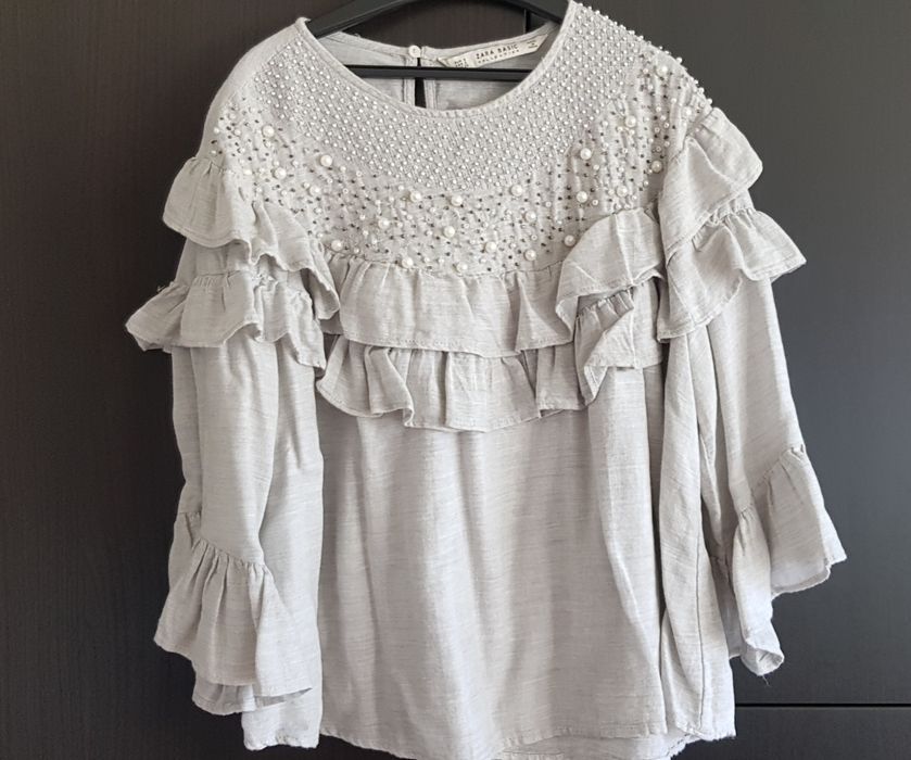 ZARA Basic szara bluzka falbanki koraliki perełki S gratis