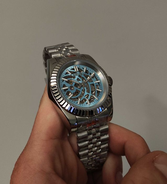 Seiko MOD Datejust SKELETON Niebieski Baby Blue Jubilee Custom NOWY