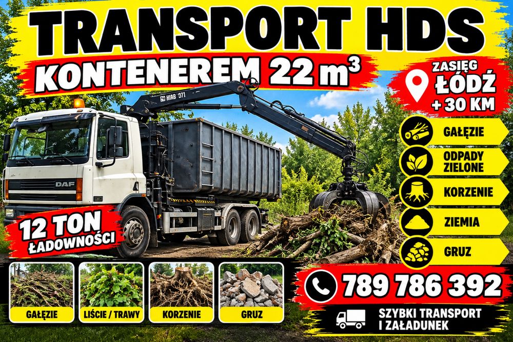 Transport HDS Kontenerem gałęzie korzenie rębak gruz