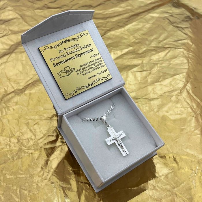 Srebrny Łańcuszek Komunijny + Krzyżyk Chrystus Srebro Pr. 925 + Grawer