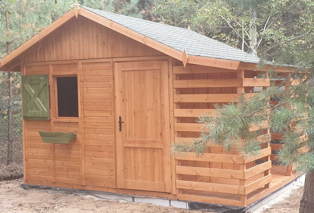 Domek ogrodowy drewniany 3×3 m z drewutnią 1×3 m Drewutnia Szopa 12m2