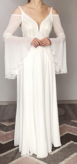 Nowa suknia ślubna Boho zwiewna muślinowy dół odpinane rękawy