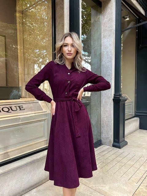 Вельветове плаття міді з поясом марсала розмір 42-44