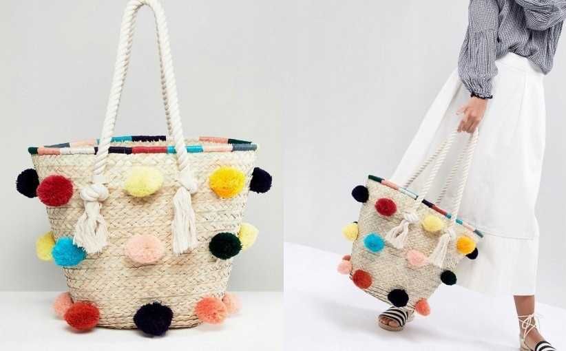Torba plażowa letnia z pomponami duża koszyk