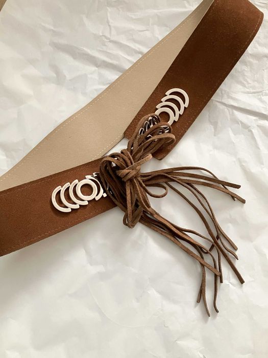 Skórzany pasek brązowy zamsz wiązany ozdobny 85 cm boho