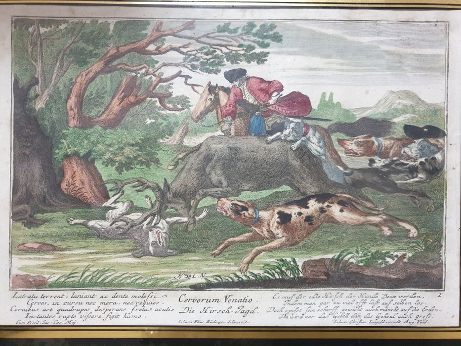 Antiga serigrafia com motivo de caça emoldurada