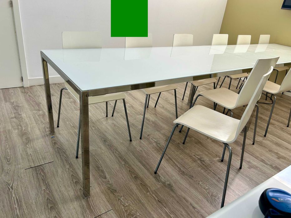 Mesa Escritório/Formação Vidro Branco Lacado + Estrutura Cromada | 180×85×74,5cm