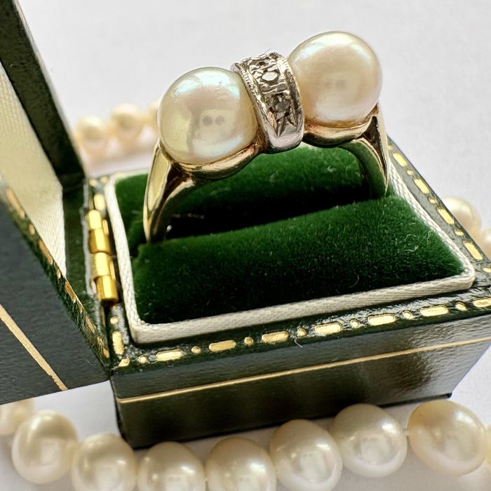 Art Deco Austria lata 20-te Pierścionek Złoto 14k Perły Diamenty R16