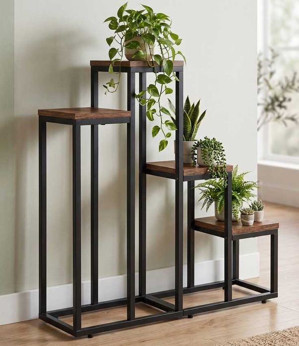 Kwietnik Metalowy Stojak na Kwiaty Dekoracje 4 Półki Loft Postarzany Dąb 67x68cm
