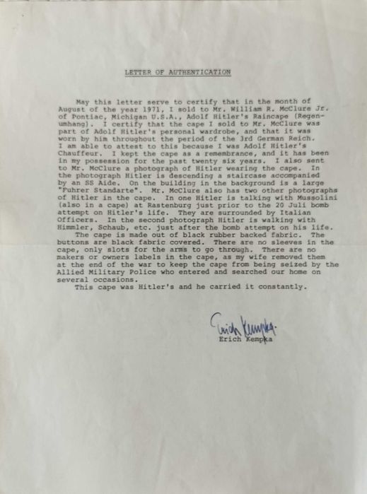 Documento assinado pelo oficial nazi Erich Kempka