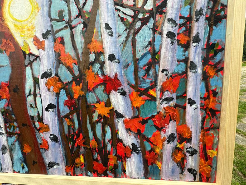„Jesienny blask" – obraz olejny 40x50 cm, abstrakcja natury, w ramie