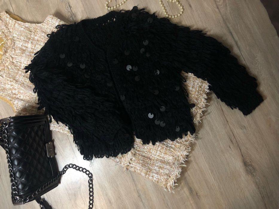 Кардиган в'язаний пухнастий паєтки пайетки чорний святковий кофта