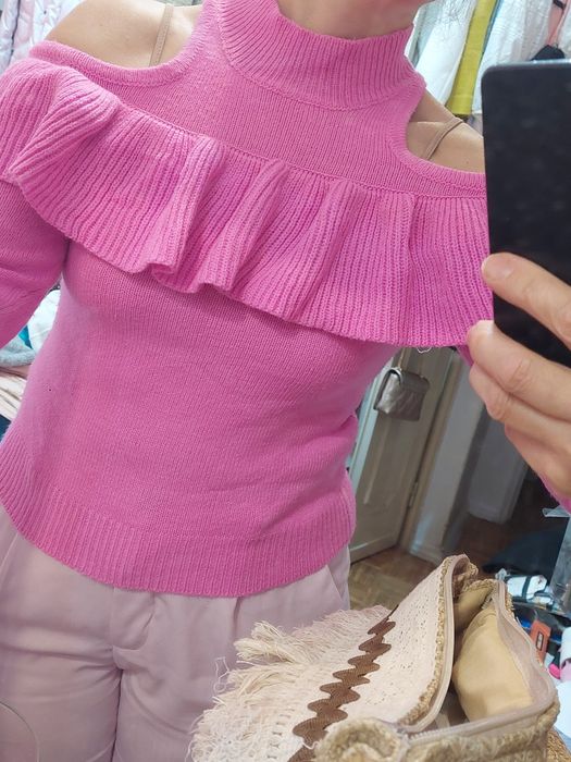 Camisola Rosa Choque original ombros visíveis malha S MM