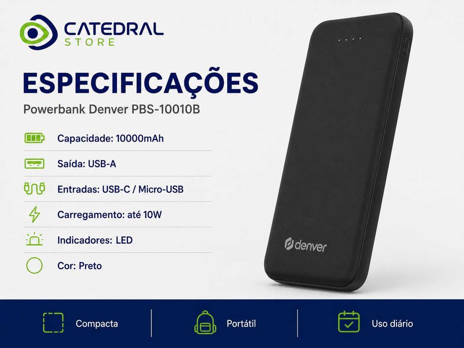 Powerbank Denver 10000mAh Preta – USB-A / USB-C – Nova