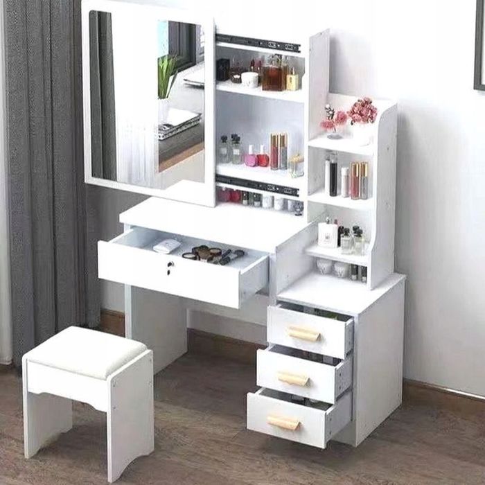TOALETKA DO MAKIJAŻU z Lustrem LED i Taboretem dla Dziewczynki Kobiety