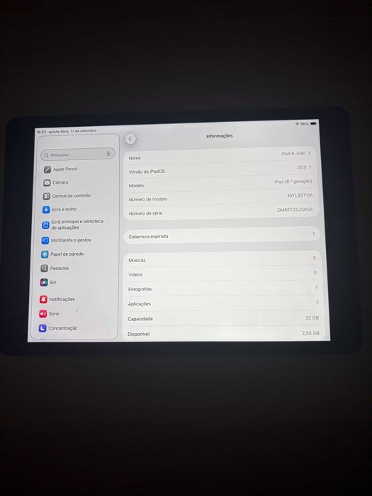 iPad 8.ª geração 32 GB Wi-Fi + Apple Pencil 1 + capa