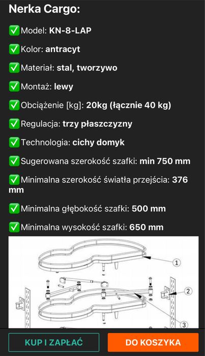 Pojedynczy kosz narozny cargo lewy front 400mm