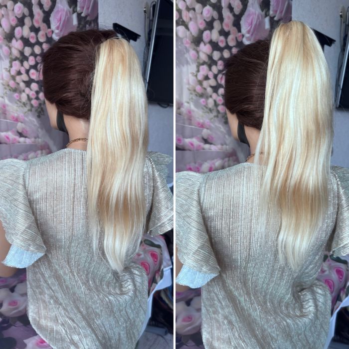 Натуральный хвост шиньон на крабе заколке славянка волосы блонд 45 см