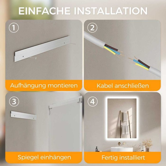 Lustro łazienkowe IMPTS 100 × 60 cm LED 3 barwy Anti-Fog ściemniane dotykowe