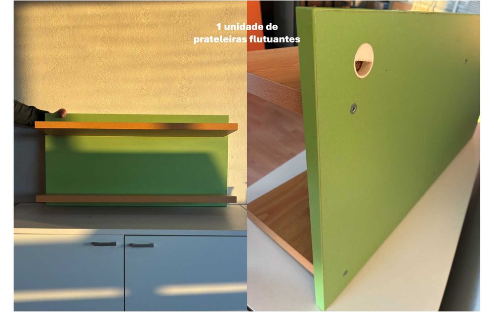 quarto juvenil: cama, roupeiro, secretária, 2 mesinhas, prateleira