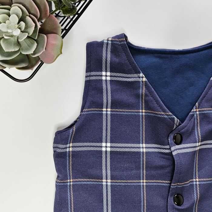 Elegancka chłopięca KAMIZELKA bawełniana granatowa krata garnitur 98
