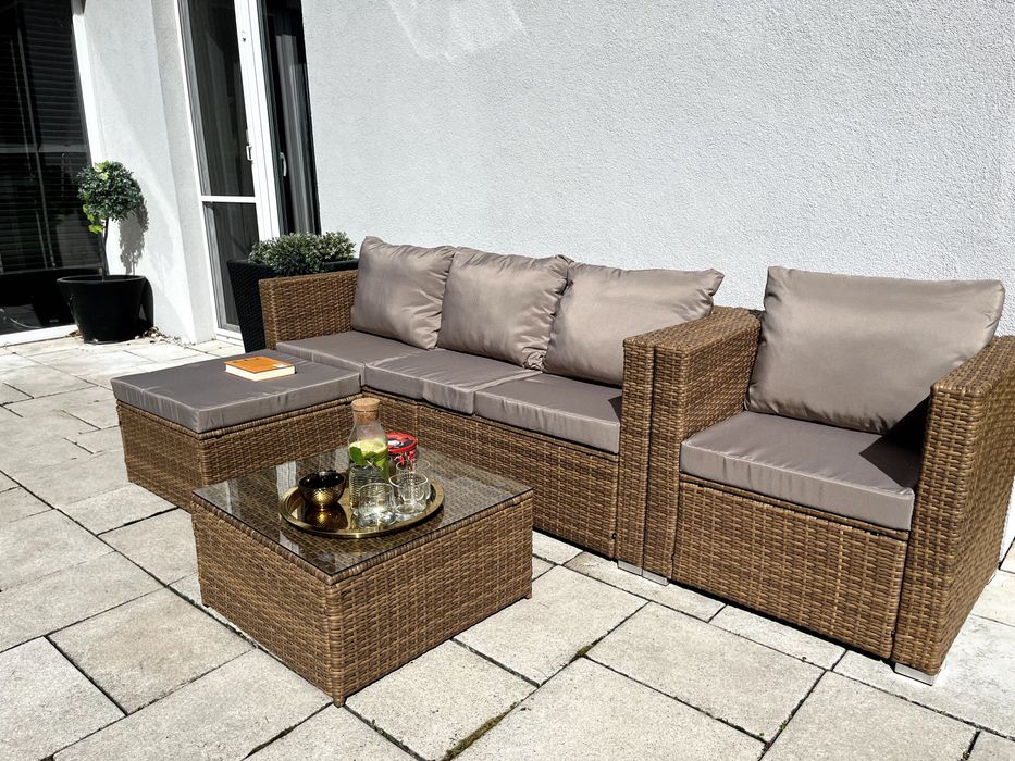 (GD) BORNEO zestaw technorattan beżowoszary sofa fotel pufa