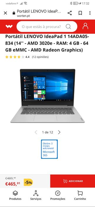 Computador portátil Lenovo IdeaPad slim 1 1-14ast-05 4 RAM