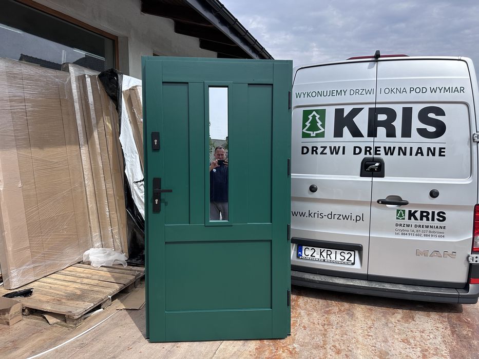 Drzwi zewnętrzne drewniane zielone NA WYMIAR NIETYPOWE 6005cała Polska