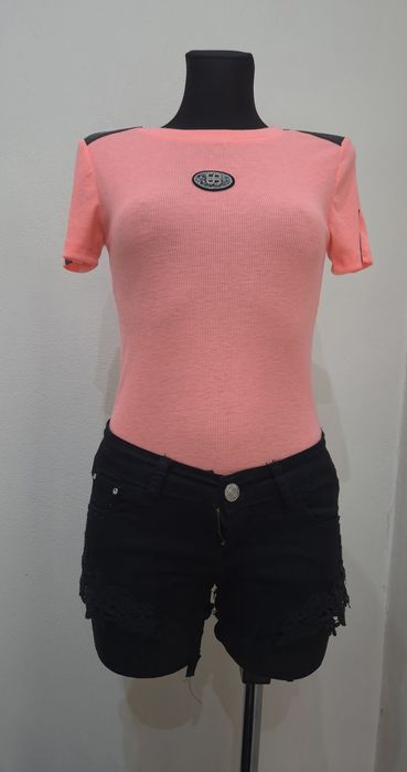 Bluzka prążek morela Eco skóra cyrkonie uni